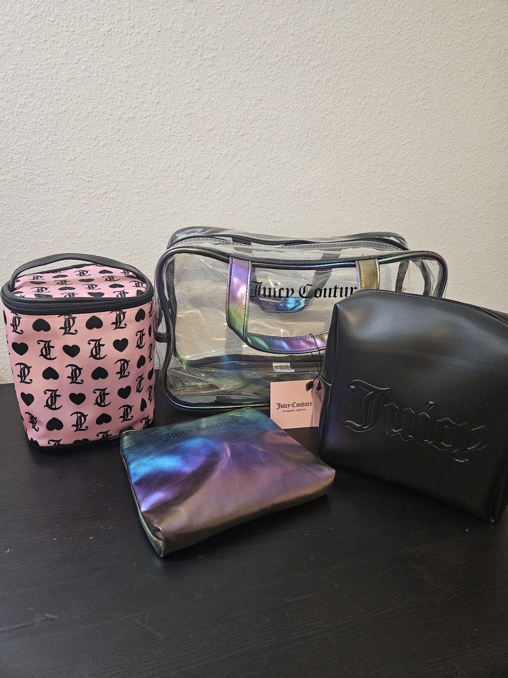 Juicy Couture Black & Pink Makeup Bag Set with Iridescent Pouch